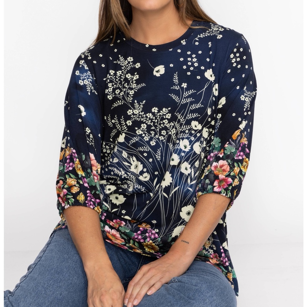 Johnny Was THE JANIE FAVORITE PUFF SLEEVE TOP Navy Blue Long Sleeve Floral Top